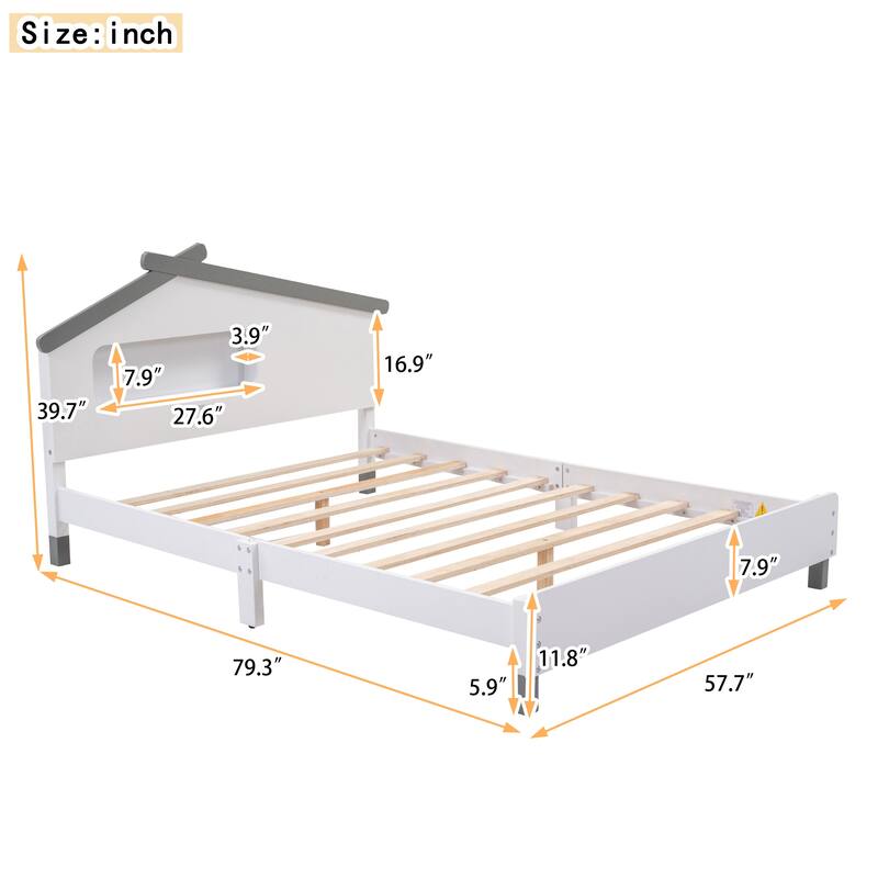 Full Size Wood Platform Bed with House-shaped Headboard and Motion Activated Night Lights