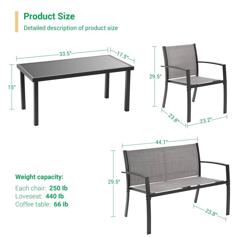 LIVOOSUN Patio 4pcs Textilene Conversation Set /w a Coffee Table