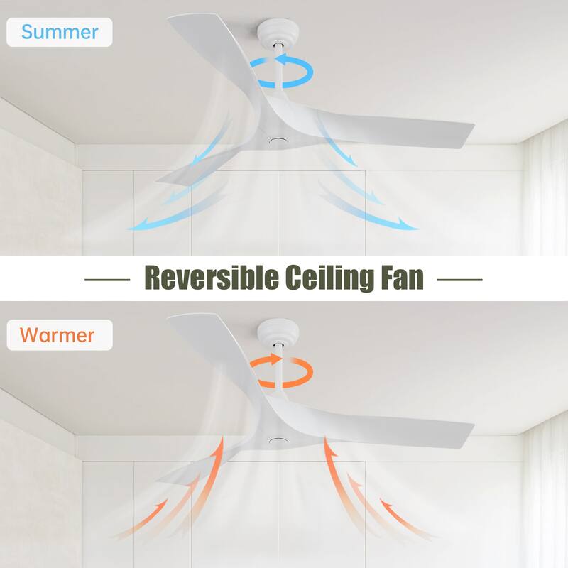 52 Inch White Ceiling Fan No Light, 3 Blade Propeller Ceiling Fan with Remote Control, 6 Speed Quiet Reversible DC Motor Fan