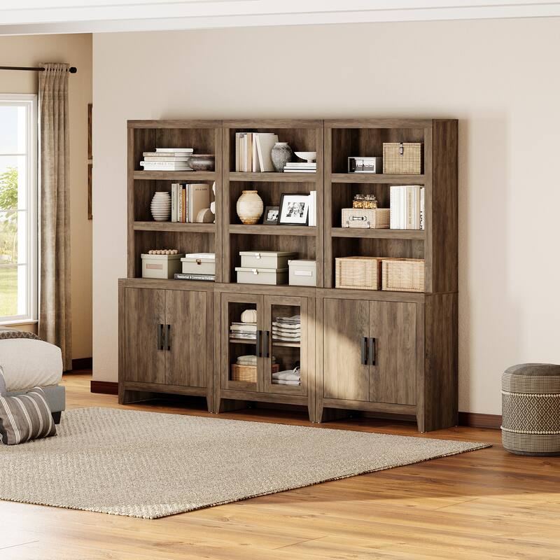 WAMPAT Tall Bookshelf with Doors, Farmhouse Bookcase with Open Shelves for Living Room & Home Office