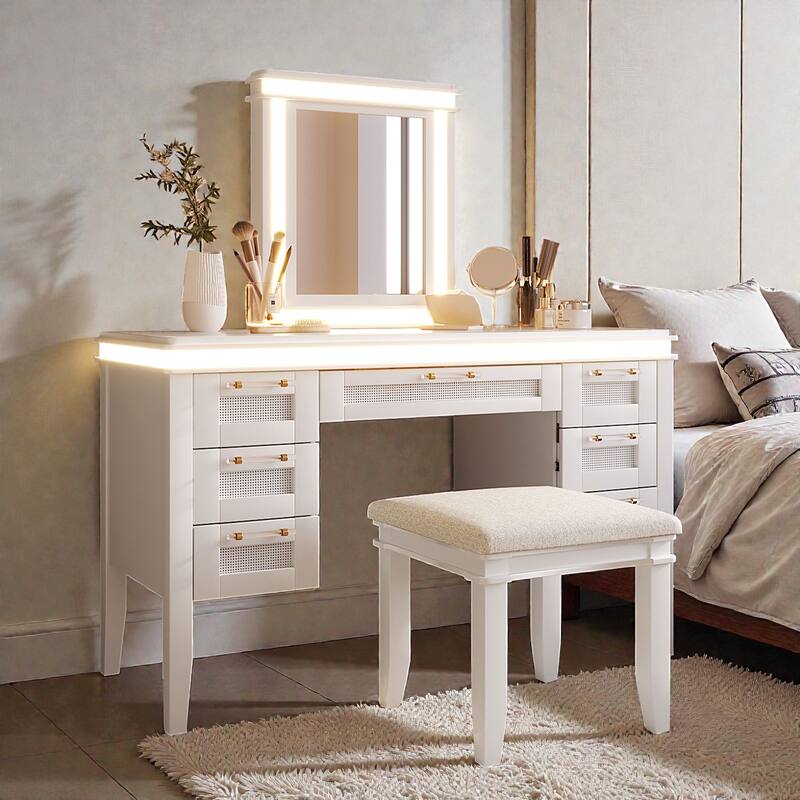48" Makeup Vanity Desk with Mirror and Lights, 7-Drawer Dressing Table with Cushioned Stool, Classic Finish