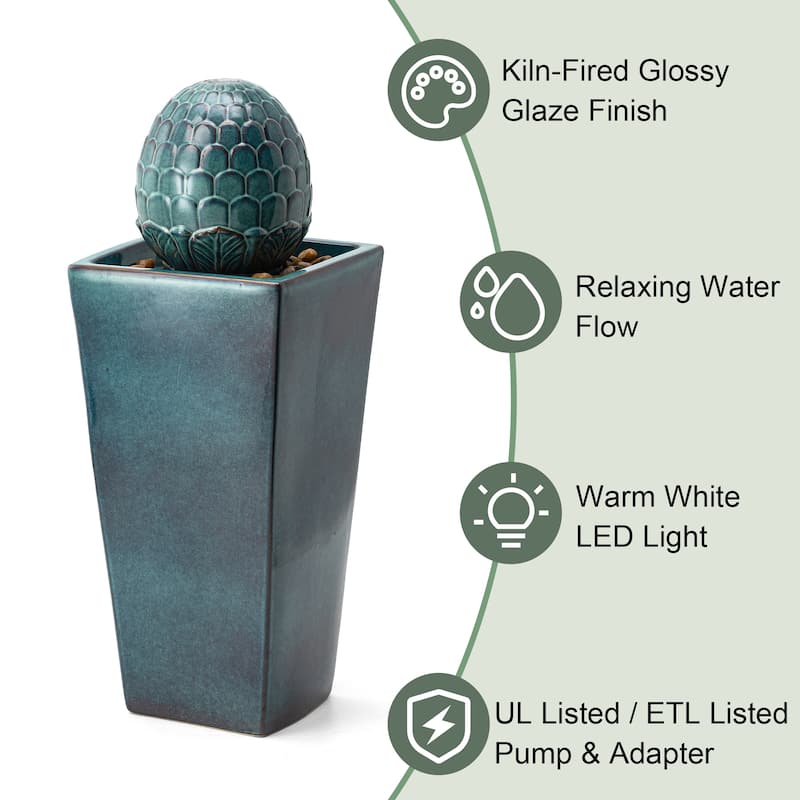 36"H Oversized Artichoke Pedestal LED Ceramic Fountain by Glitzhome