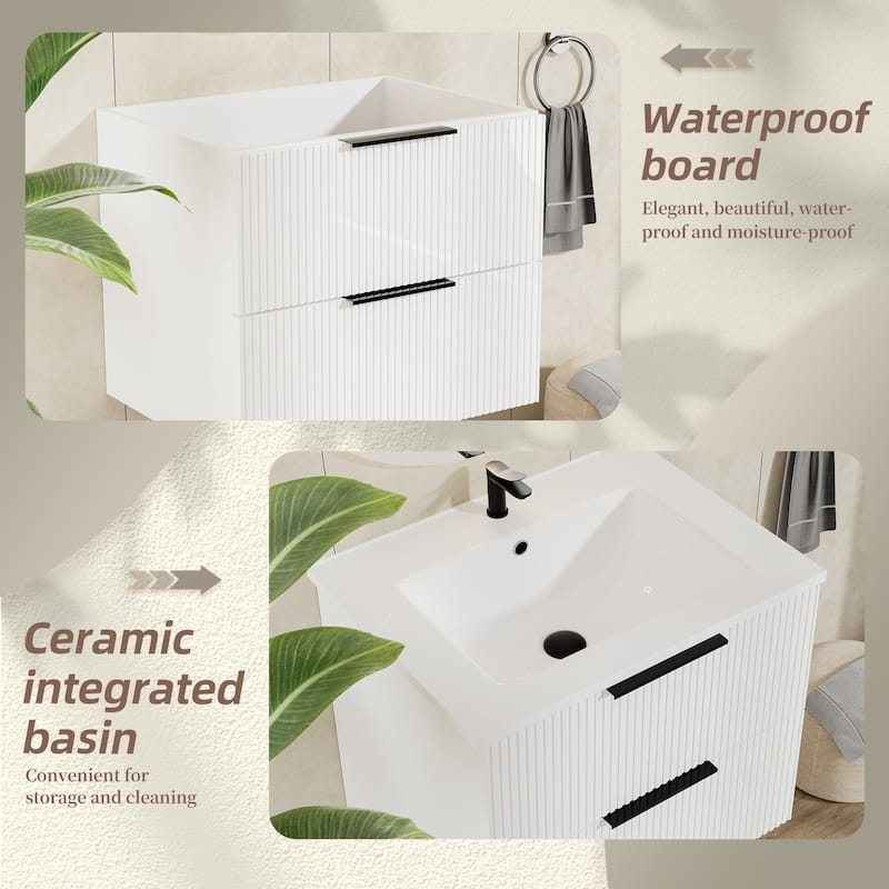 GDFStudio - Zen Modern Mid-Century Wall-Mounted Bathroom Vanity with 2 Soft Close Drawers & Large Storage Spaces, WITHOUT Sink