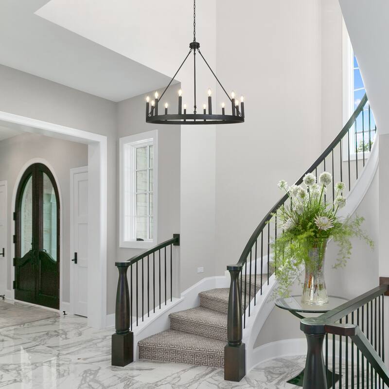 Modern Transitional Black 12-Light Wagon Wheel Chandelier for Living Dining Room - W39.4"*H36.6"