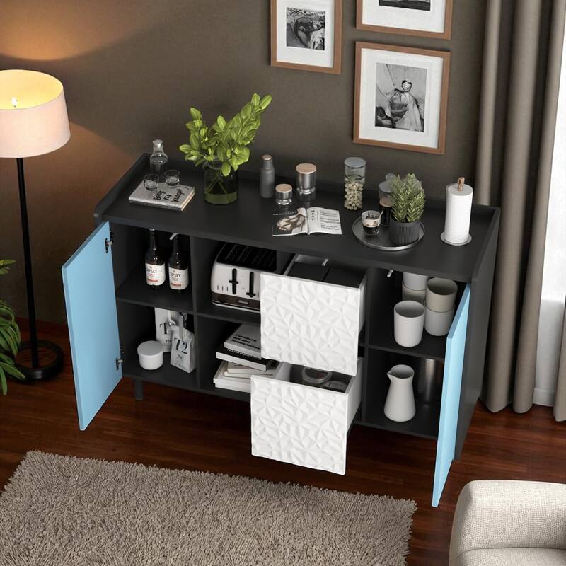 Modern Black Sideboard Buffet Cabinet with Doors, 2 Drawers, and Open Storage for Kitchen or Dining Room