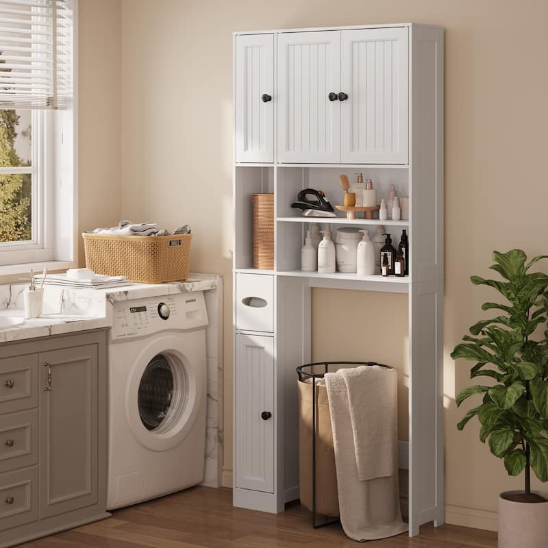 70" Freestanding Above Toilet Storage Cabinet, Adjustable Bathroom Shelving With Anti-Tip Devices