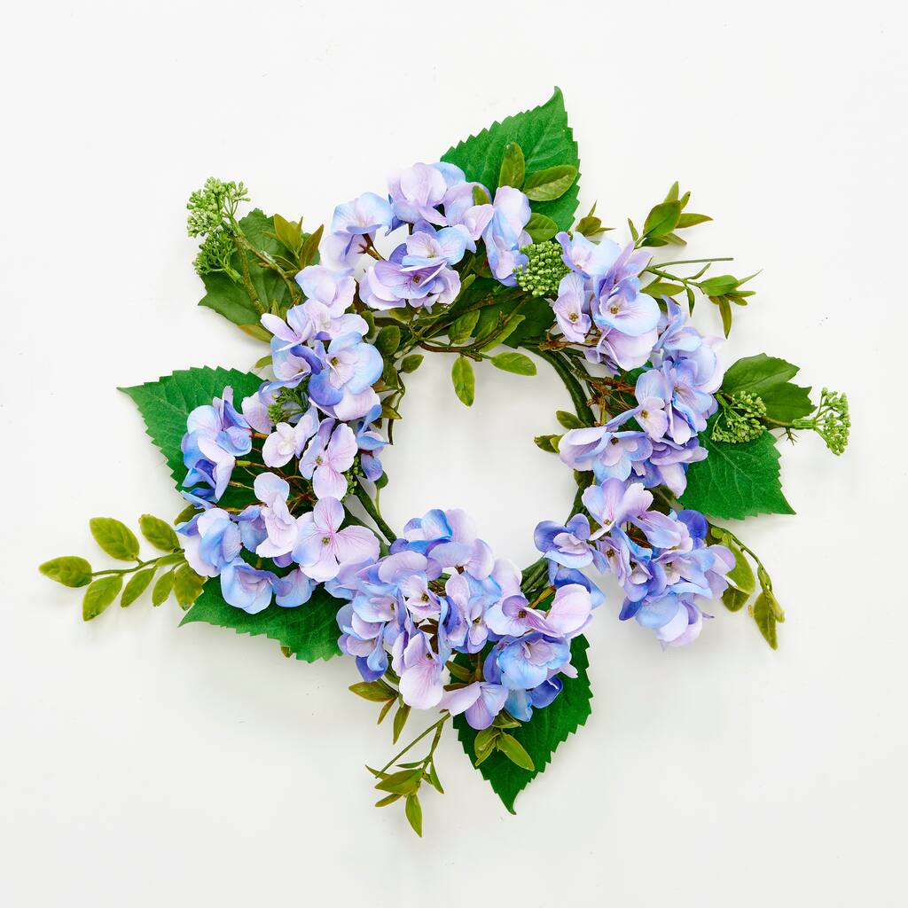 13" Purple Artificial Hydrangea Wreath with Green Leaves - 13