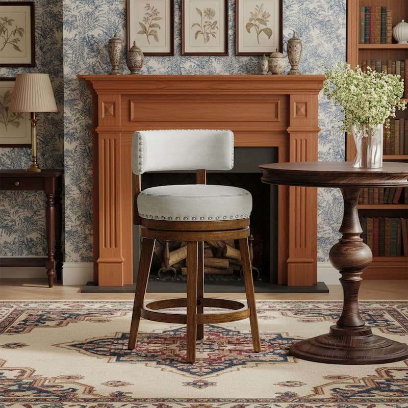 Modern Velvet Swivel Bar Stool - 25" or 30" Counter Height with Adjustable Footrest & Walnut Base, for Kitchen Islands - Single - Beige - Counter Height