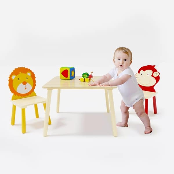 slide 2 of 9, Kids Table and 2 Chairs Set, 3 Pieces Toddler Table and Chair Set, Wooden Activity Play Table Set, Lion and Monkey Natural