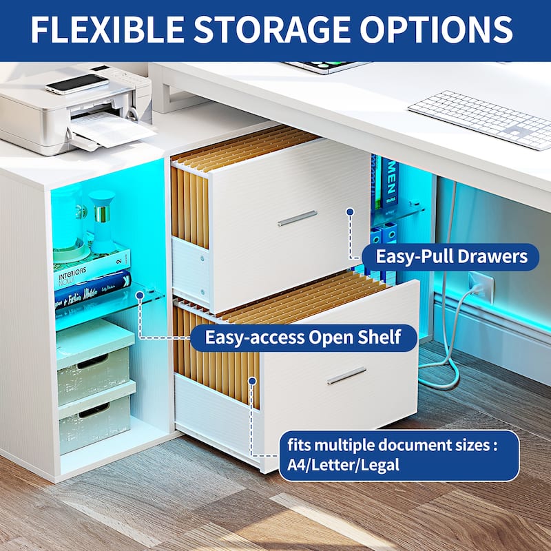 Moasis 55" Reversible L Shaped Gaming Desk with Power Outlets & LED Light Corner Computer Desk with Filing Cabinet