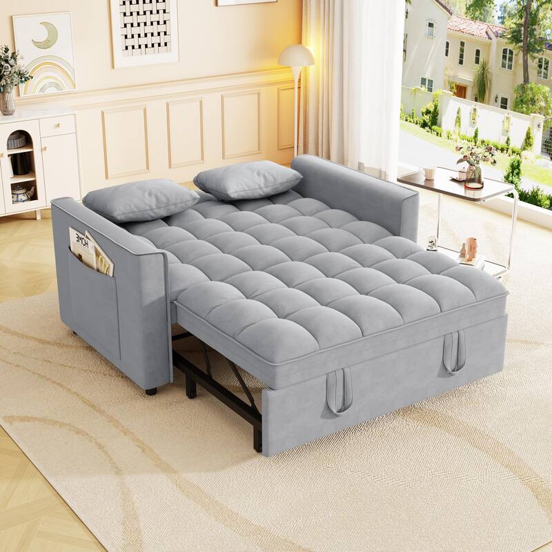 Anmytek Modern Velvet Small Loveseat Pull Out Sleeper Sofa Bed with Pillows and Side Pockets