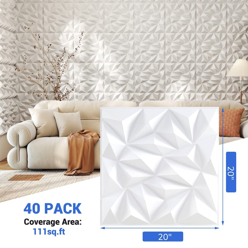White PVC 3D Wall Panels Set of 40 with Diamond Pattern and Peel-Stick Design