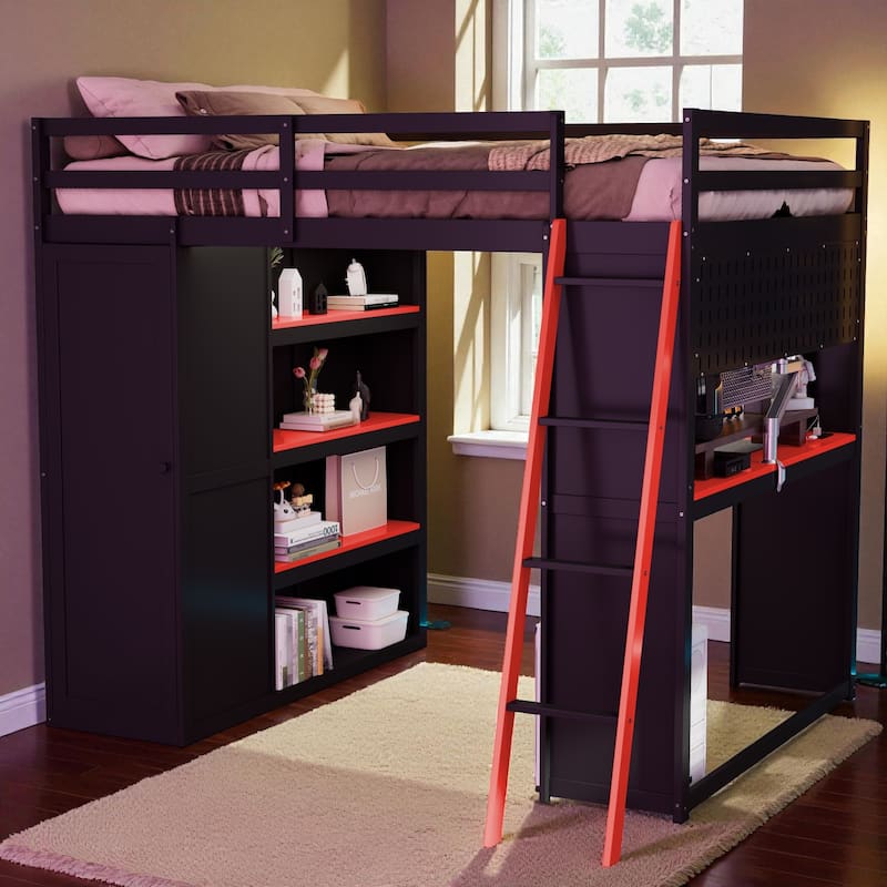 Full Size Loft Bed with Wardrobe, Desk, Shelves, Blackout Curtains & RGB Lights, Workstation with USB Port