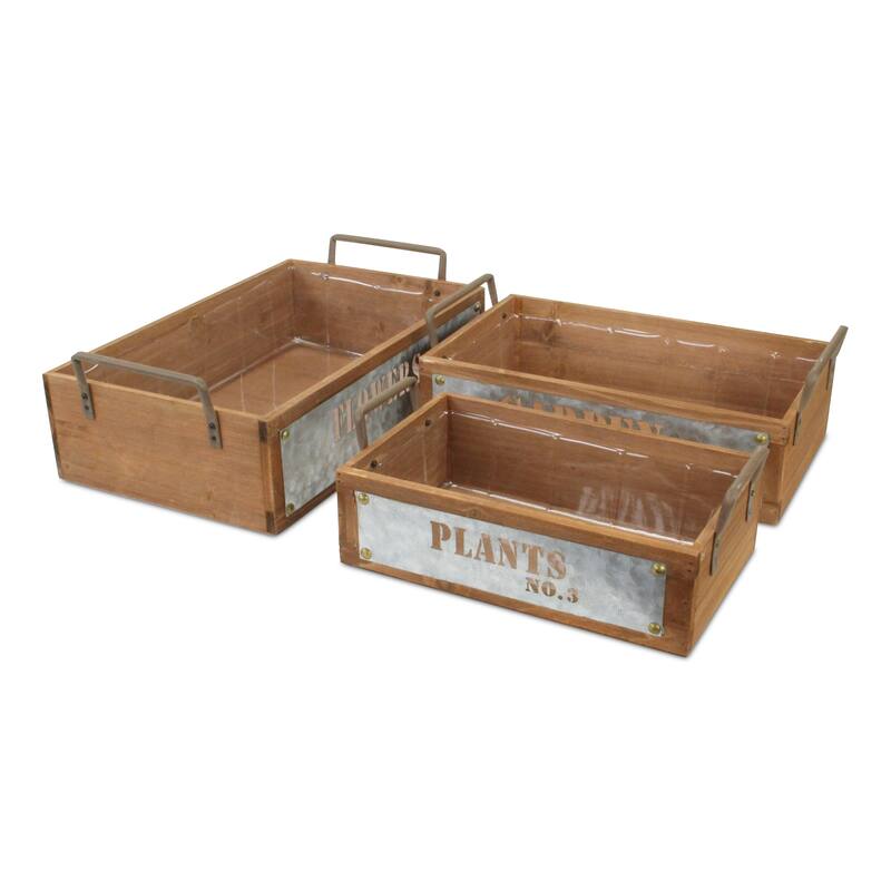 Brown Wood and Galvanized Metal Jardin Fleurs Stamped Crate (Set of 3)