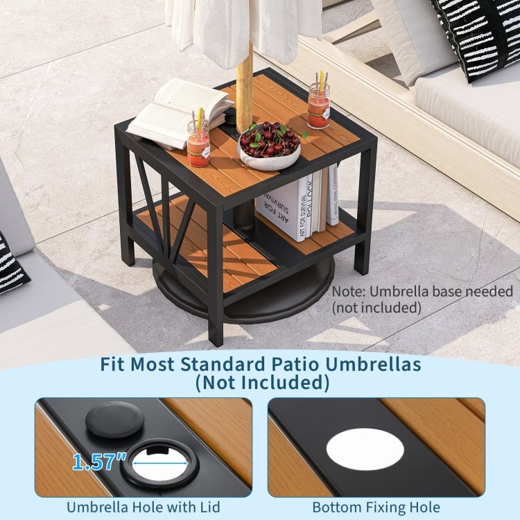 Black-Natural Metal 2-Tier Outdoor Side Table with Wood-Like Top and Umbrella Hole - 20.5" x 18" x 18"