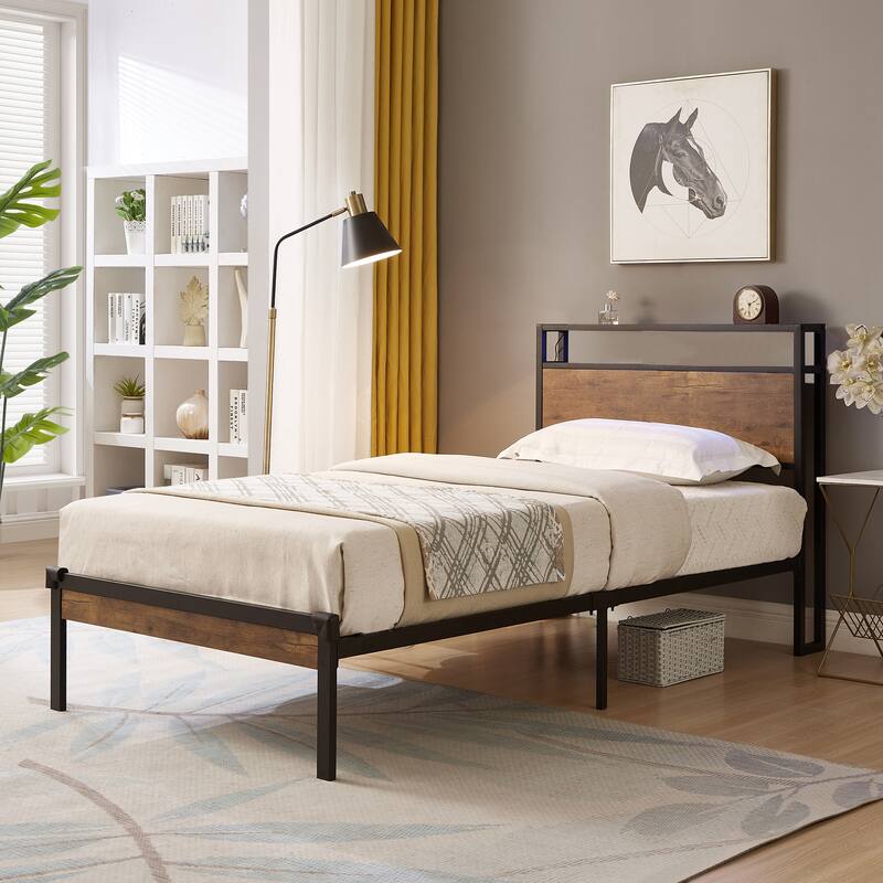 Twin Size Metal Platform Bed Frame with Wooden Headboard, USB Port, Under-Bed Storage, and No Box Spring Needed