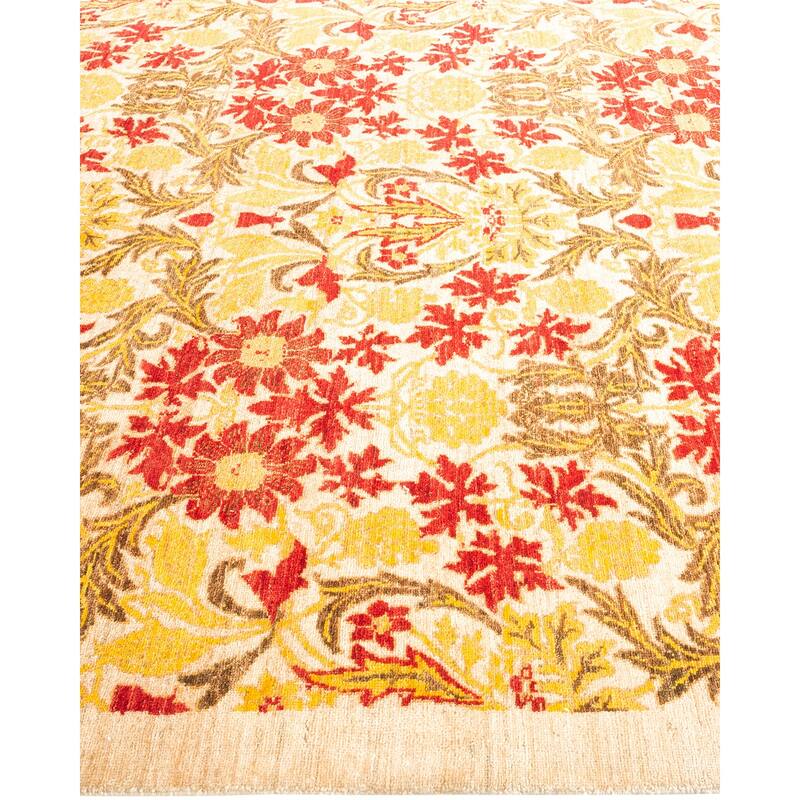 Overton Hand Knotted Wool Contemporary Floral Ivory Area Rug - 6' x 9'