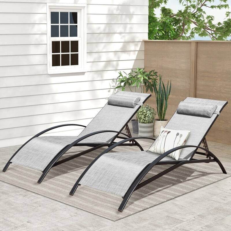EROMMY 2-Pcs Outdoor Recliner Lounge Chair, Adjustable Patio Chair, Grey - 59.8'' * 22.8''