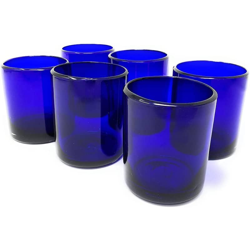 Dos Sueños Hand Blown Mexican Drinking Glasses - Set of 6 Cobalt Tumbler Glasses (10 oz each)