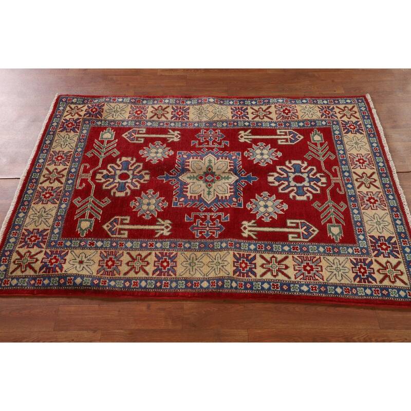 Geometric Kazak Rug Hand-Knotted Oriental Red Wool Carpet - 3'4"x 4'9"