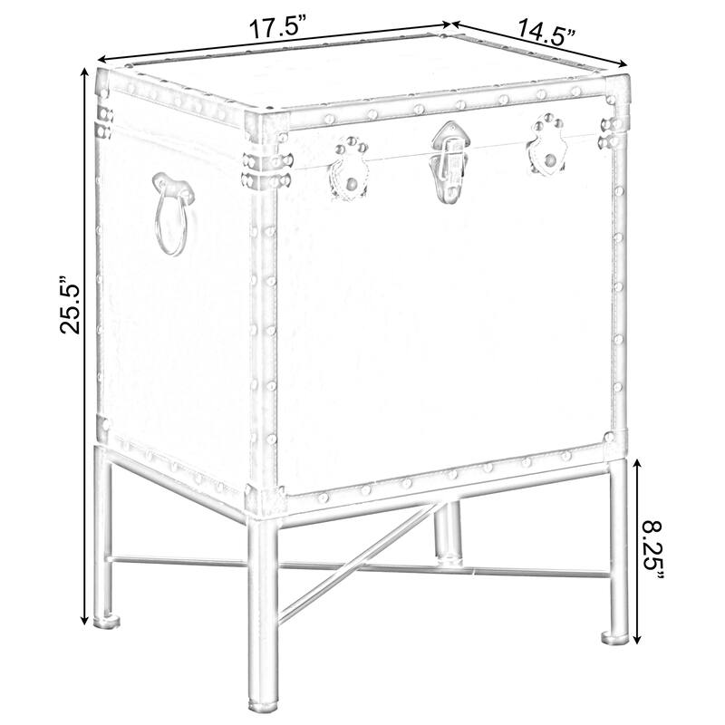 Trimmed Faux Leather Lockable Square Lined Storage Trunk, End Table on Metal Stand