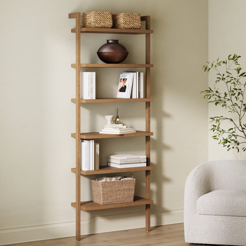 Beacon Scandinavian 6-Shelf Wooden Wall Mounted Bookcase, Rustic Solid Wood Bookshelf