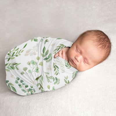 Floral Leaf Collection Boy or Girl Baby Swaddle Receiving Blanket - Green Boho Watercolor Botanical Flower Woodland Garden