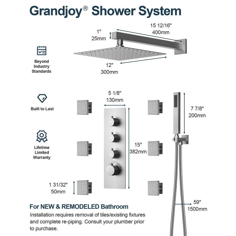 GRANDJOY Thermostatic Shower Faucet Set 12 inch Wall Mount Rainfall Shower Head with 6 Body Jets and Handheld Spray Combo