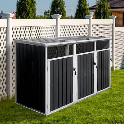 Garbage Bin Shed Stores 3 Trash Cans Metal Outdoor Bin Shed