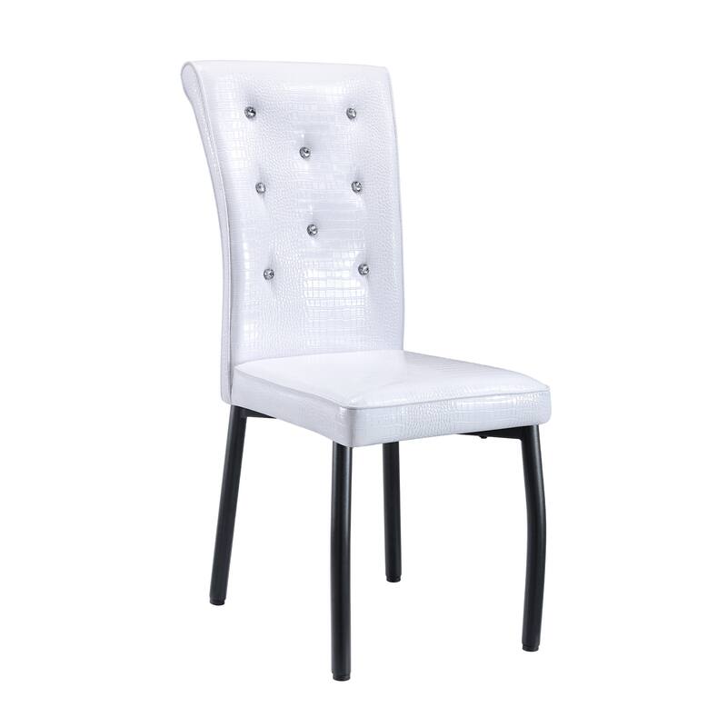 A set of 2 vintage crocodile leather cushioned dining chairs, featuring crystal clasp design and artificial leather design