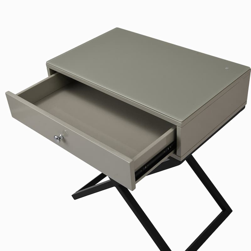 Wooden End Side Table Nightstand with Glass Top, Drawer and Metal Cross Base