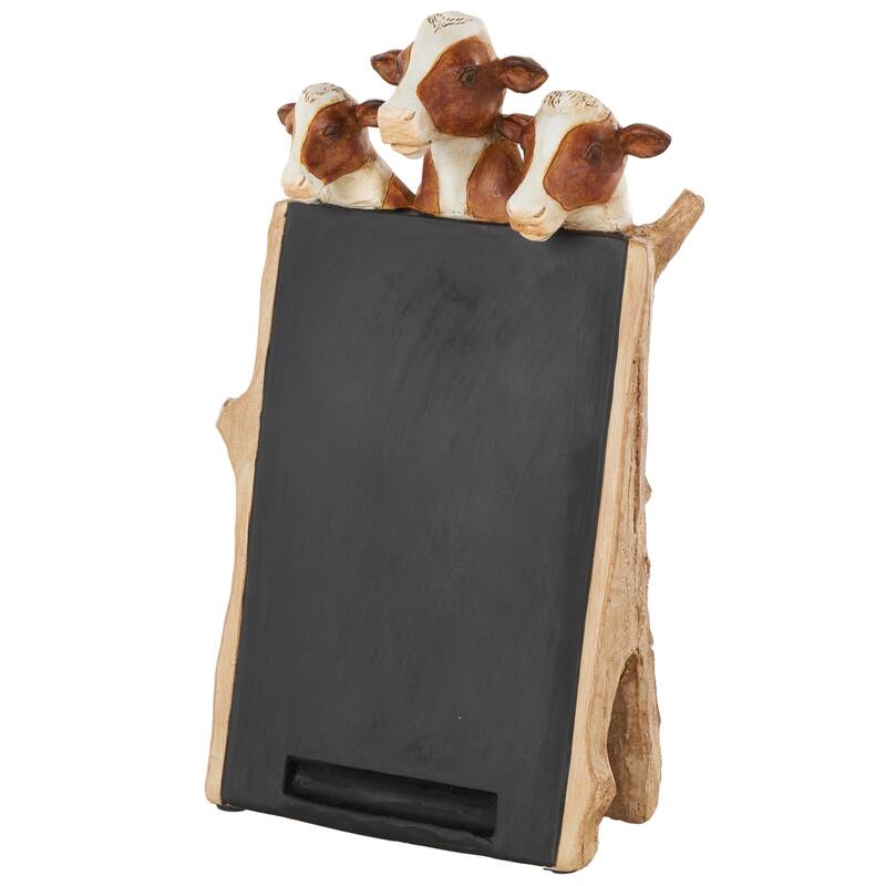 Black Polystone Chalkboard Cow Decorative Sign with Brown Tree Trunk Frame