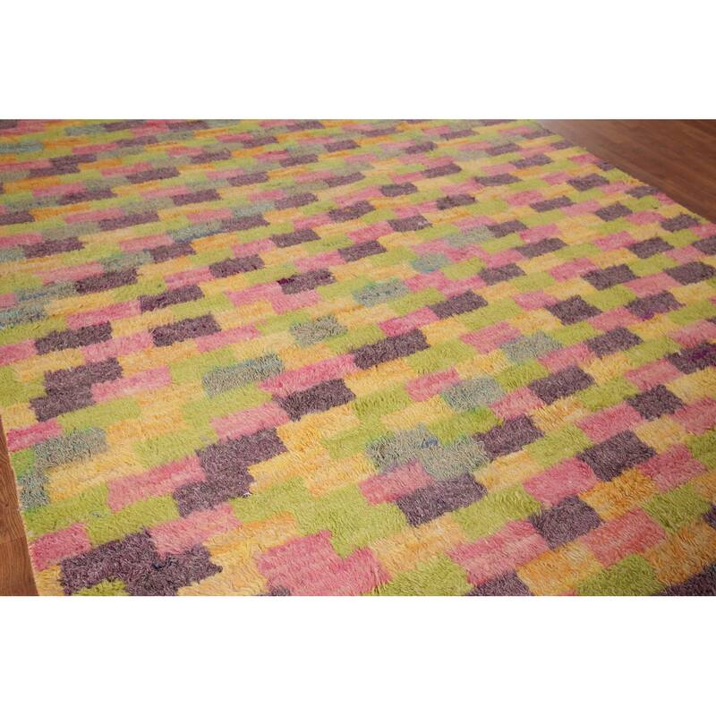 Checkered Moroccan Oriental Area Rug Hand-Knotted Wool Carpet - 6'11" x 10'4"