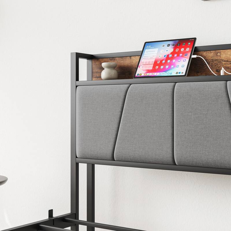 Queen/Full/Twin Stable Platform Bed Frame, Storage Headboard with Charging Station, Black/Wood Color