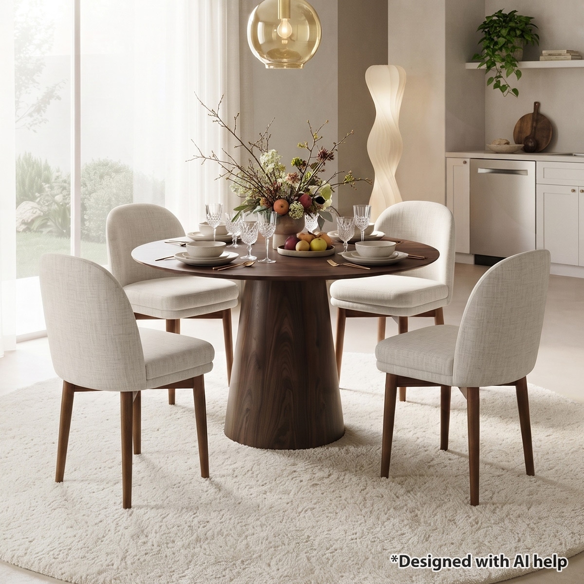 Modern 5-Piece Dining Set with Walnut-Finish 46" Round Pedestal Dining Table and Upholstered Parsons Chairs