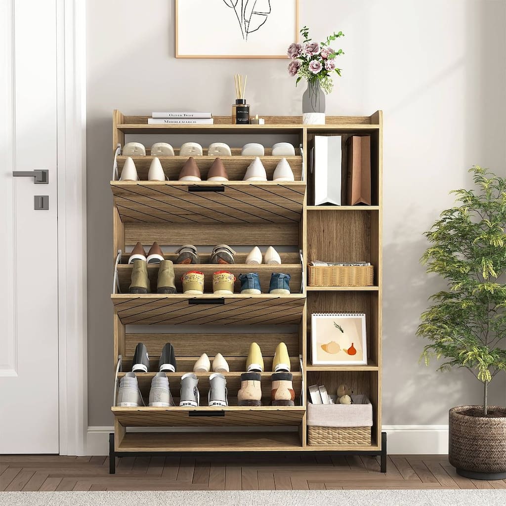 35.43" Shoe Organizer with Open Shelves with 3 Flip Drawers