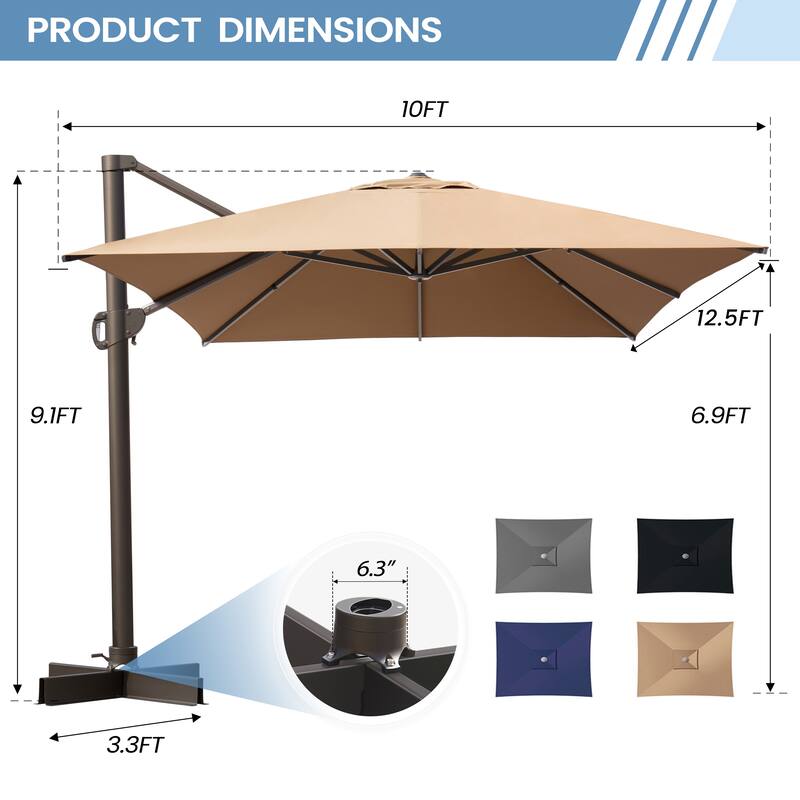 10x12.5 FT Outdoor Patio Cantilever Umbrella 360 Degree Rotation