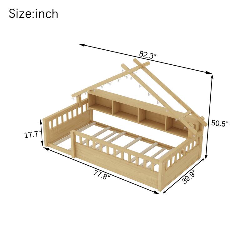 House-shaped Daybed Kids Wood House Bed Montessori Toddler Floor Bed with Roof Shape Storage Bookshelves and Light