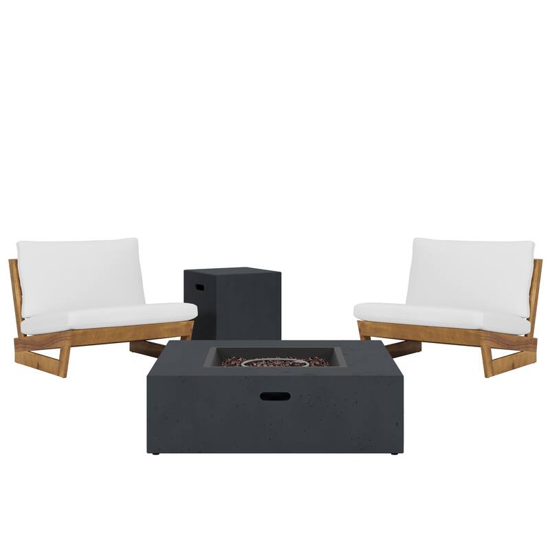 Sherwood Acacia Wood Outdoor Lounge Chairs and 50,000 BTU Square Propane Fire Pit by Christopher Knight Home