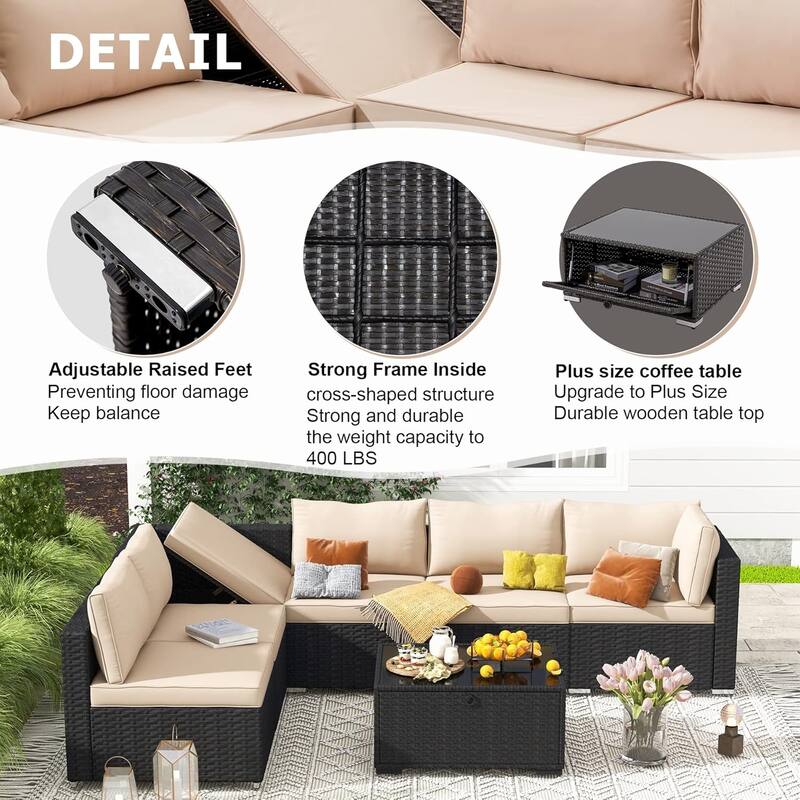 EROMMY 6/7 Piece Modular Outdoor Rattan Sofa Set, All-Weather Wicker Patio Furniture with Storage Table, Cushions & Pillows