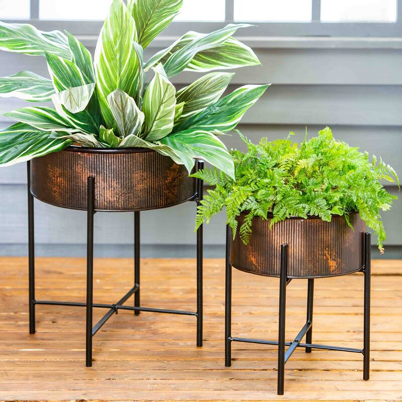 Ribbed Burnt Copper Planters with Stand (2-Pack)