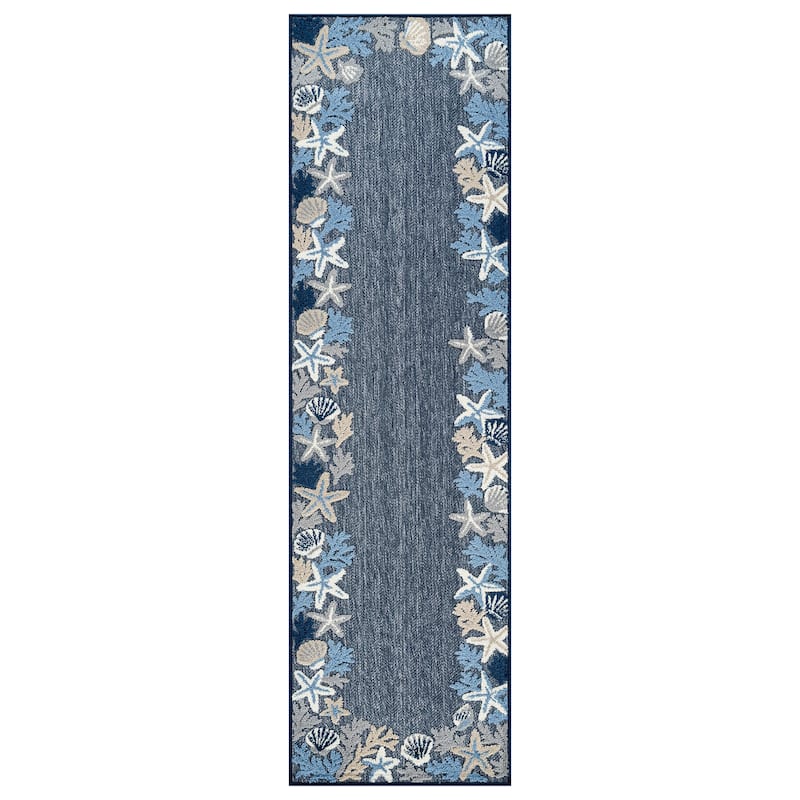 World Rug Gallery Indoor/Outdoor High-Low Textured Area Rug, Coastal Border Easy-Clean Patio Rug