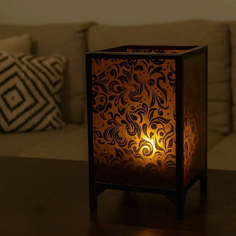 Cuboidal Metal and Glass Filigree Candleholder, Black and Clear