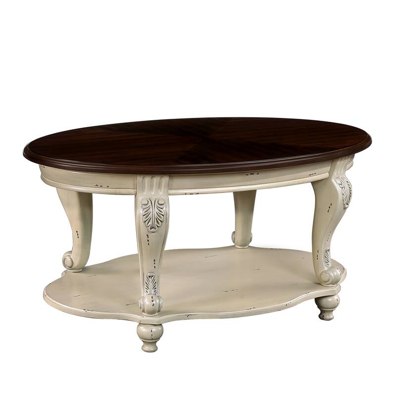 42" Oval Wood Coffee Table for Living Room,2-Tier Solid Wood Cocktail Table with Open Storage Shelf, Easy Assembly - Antique White