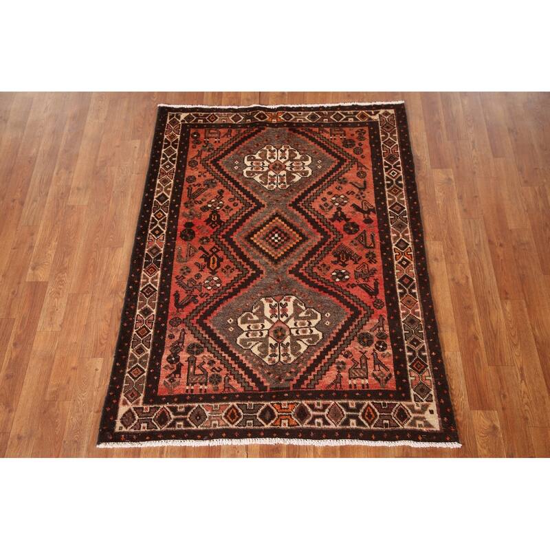 Tribal Geometric Hamedan Persian Vintage Area Rug Handmade Wool Carpet - 3'8"x 4'10"