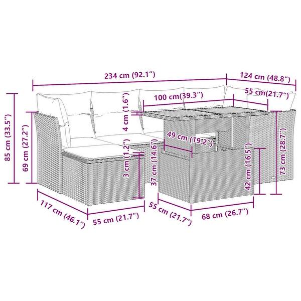 dimension image slide 0 of 2, vidaXL Patio Sofa Set with Cushions Outdoor Furniture 7 Piece Poly Rattan