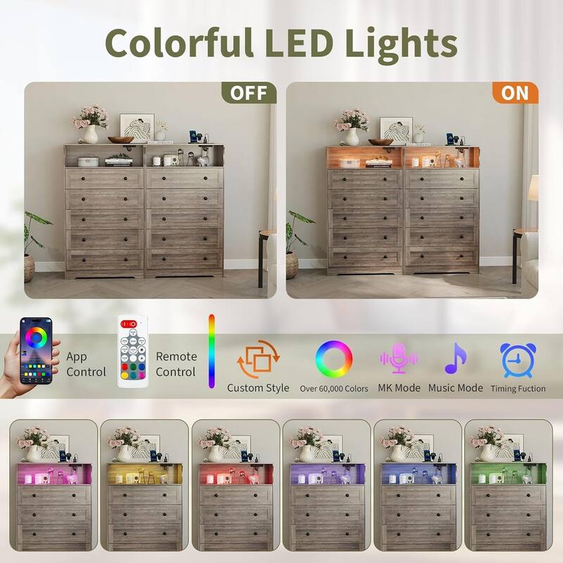 5 Drawer Dresser for Bedroom with Charging Station & LED Lights