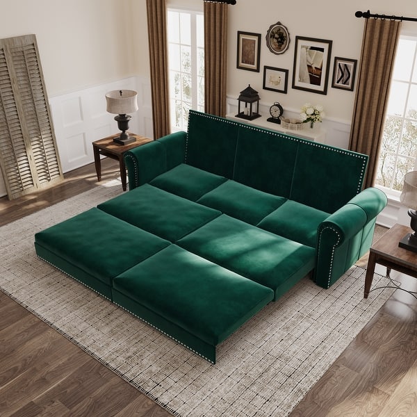 slide 2 of 9, Chesterfield Sofa,93.7" King Pull Out Sofa Bed,3-in-1 Velvet Convertible Sleeper Sofa with Nailhead Trim & Rolled Arm