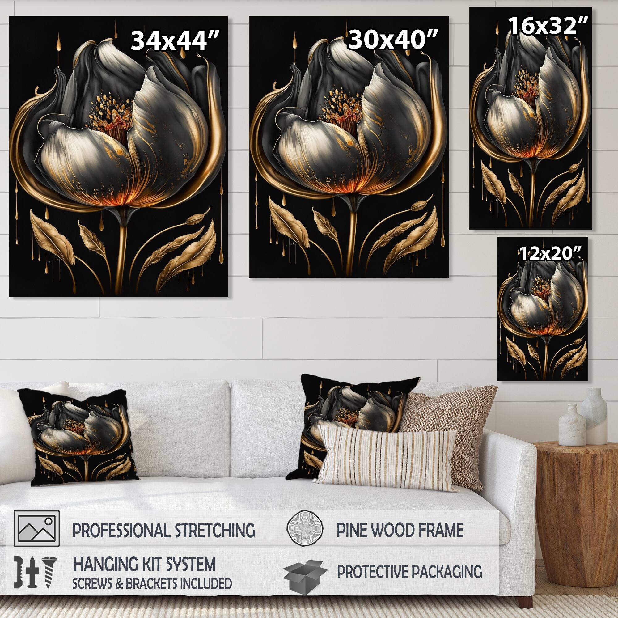 Designart 'Black And Gold Tulip' Floral & Botanical Canvas Wall Art