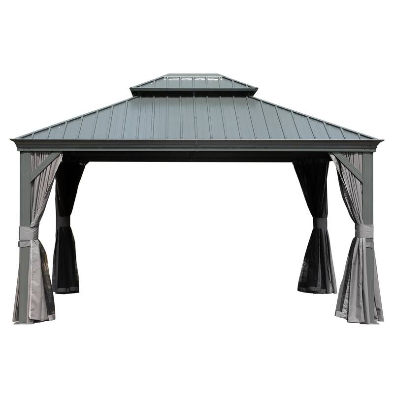 10' X 14' Hardtop Gazebo with Galvanized Steel Roof, Aluminum Frame, Curtains, and Netting for Outdoor Use - Grey